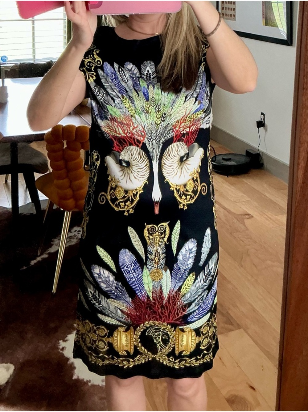 Versace Collection Black Feather & Baroque Print Short Sleeve Knee Length Dress - Picture 2 of 8
